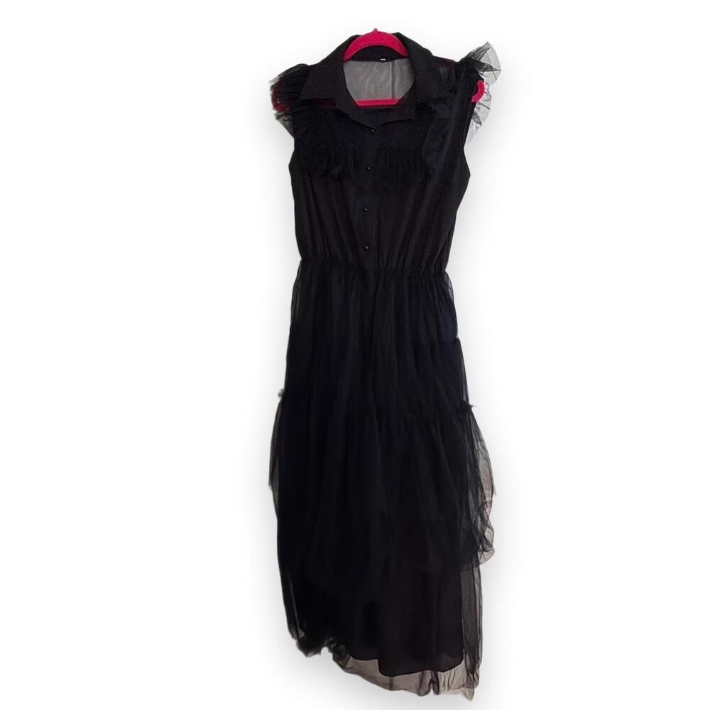 Black Tulle Ruffle Collared Midi Dress - Medium
